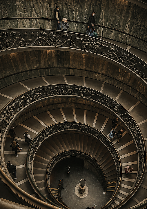 Spiral staircase with people at the Vatican Museum, featuring the word 'CORDE'.